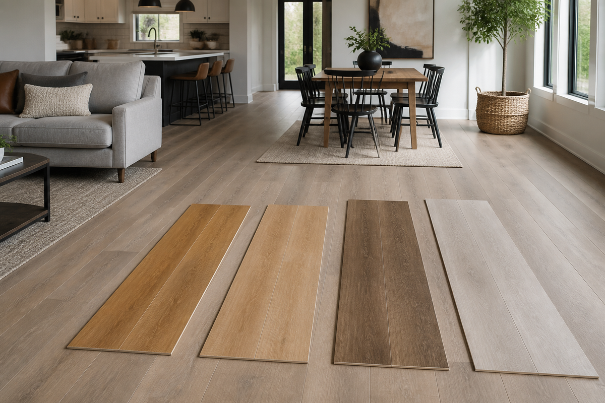 Four wood-look flooring samples compared across an open-plan living, dining, and kitchen space