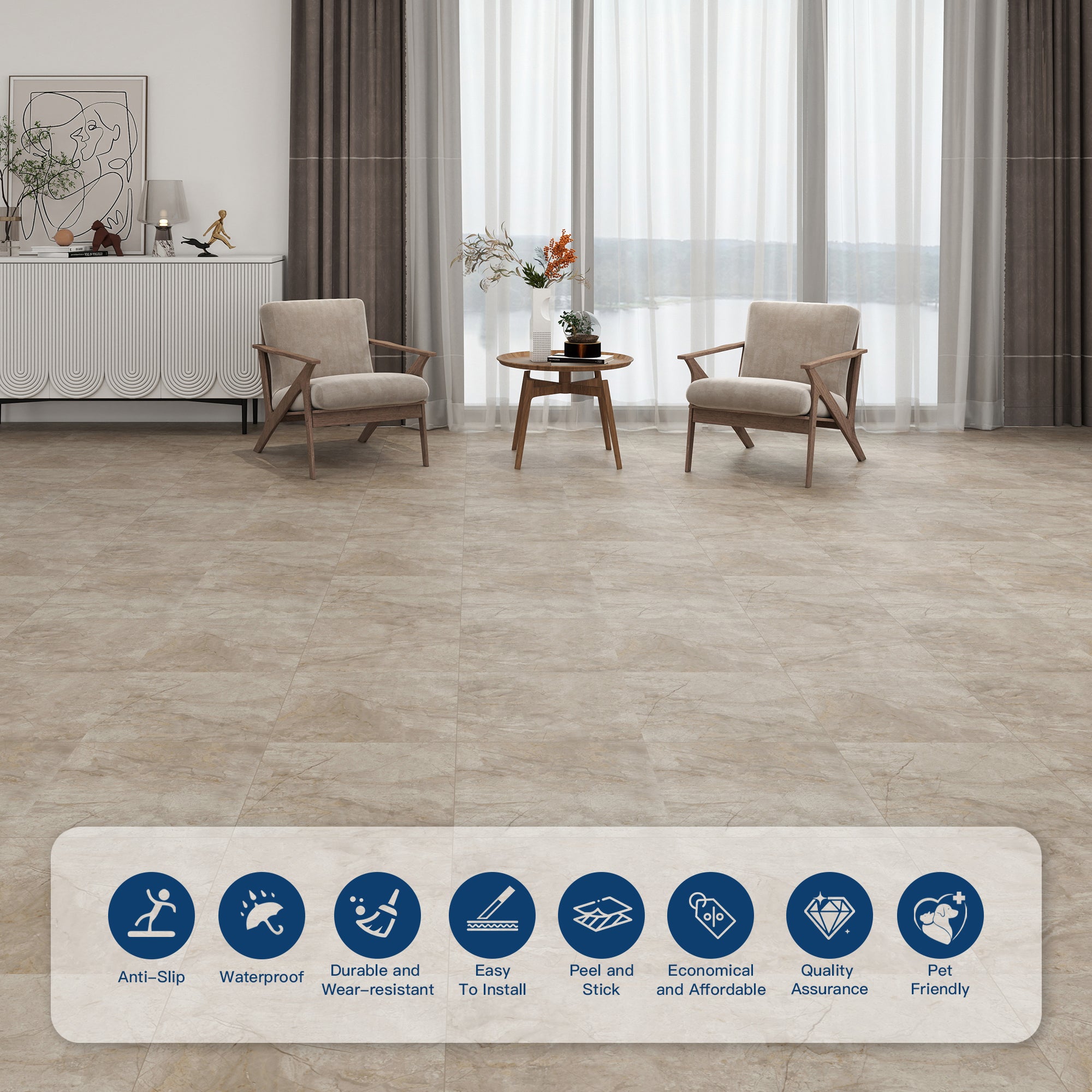 Luna Marble -PEEL N STICK 150 Stick Vinyl Floor Tiles Self Adhesive Waterproof Clearance 12‘’ x 12‘’
