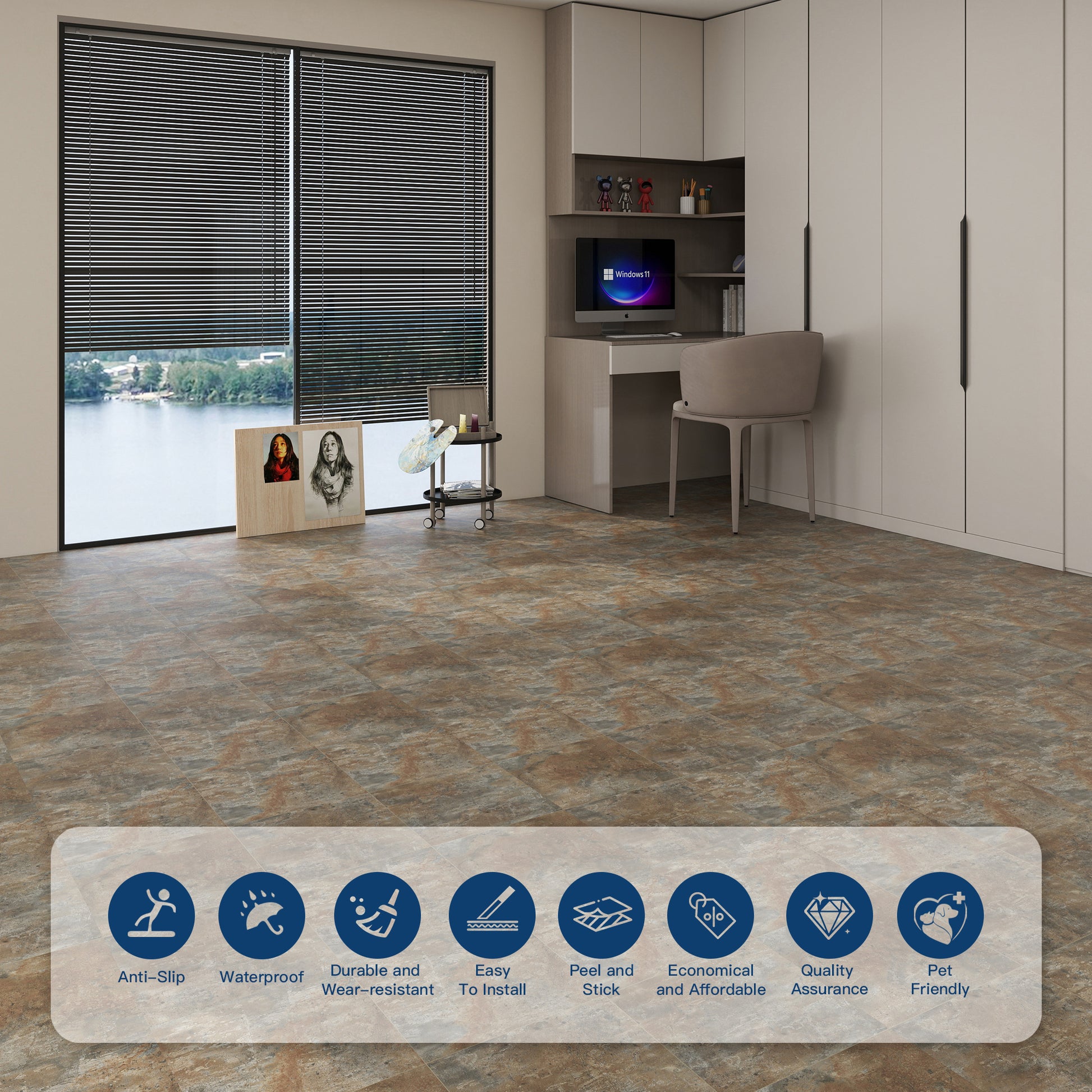 Rustic Earth -PEEL & STICK 150 Stick Vinyl Floor Tiles Self Adhesive Waterproof Clearance 12‘’ x 12‘’ - installed room view