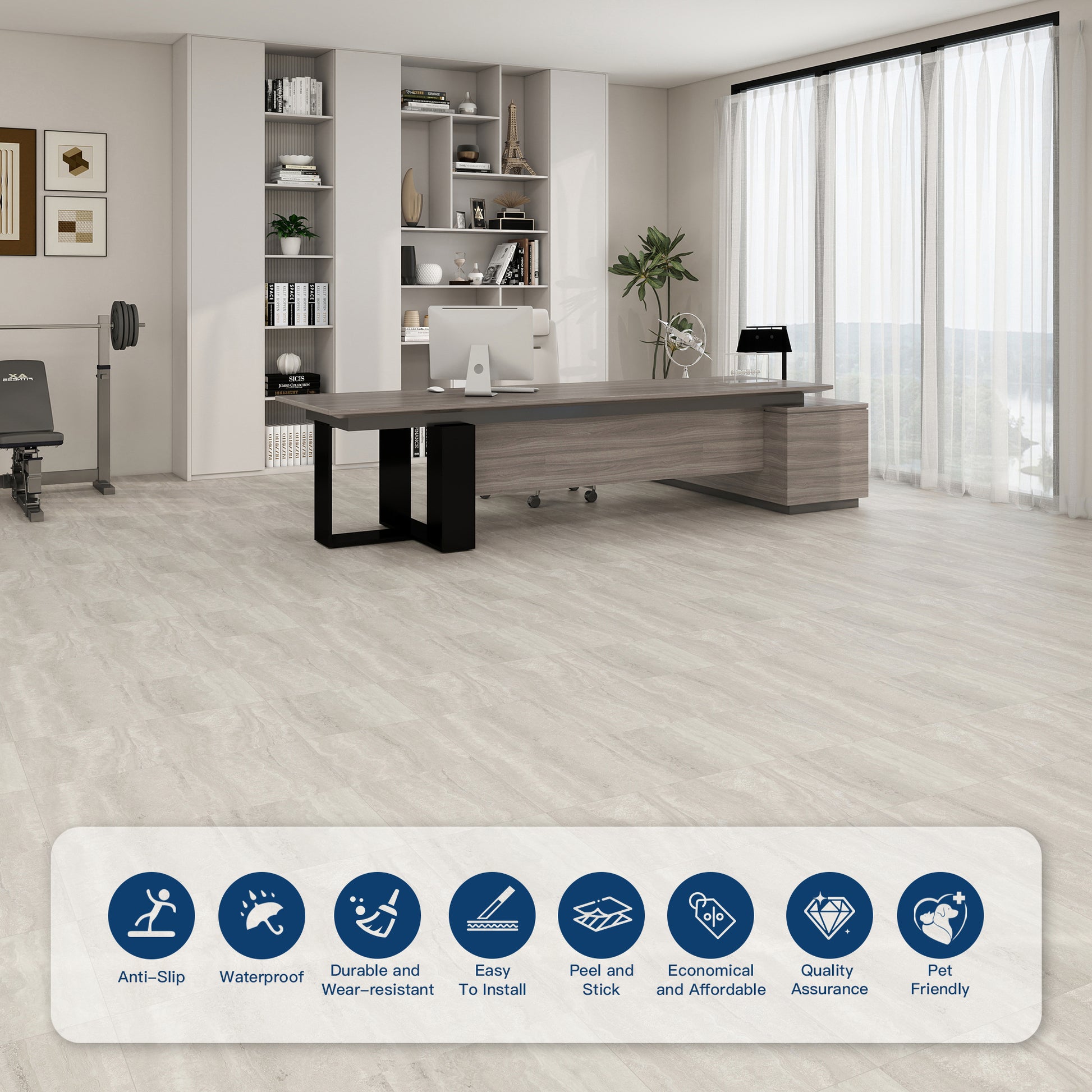 Pearl Beige -PEEL & STICK 150 Stick Vinyl Floor Tiles Self Adhesive Waterproof Clearance 12‘’ x 12‘’ - installed room view