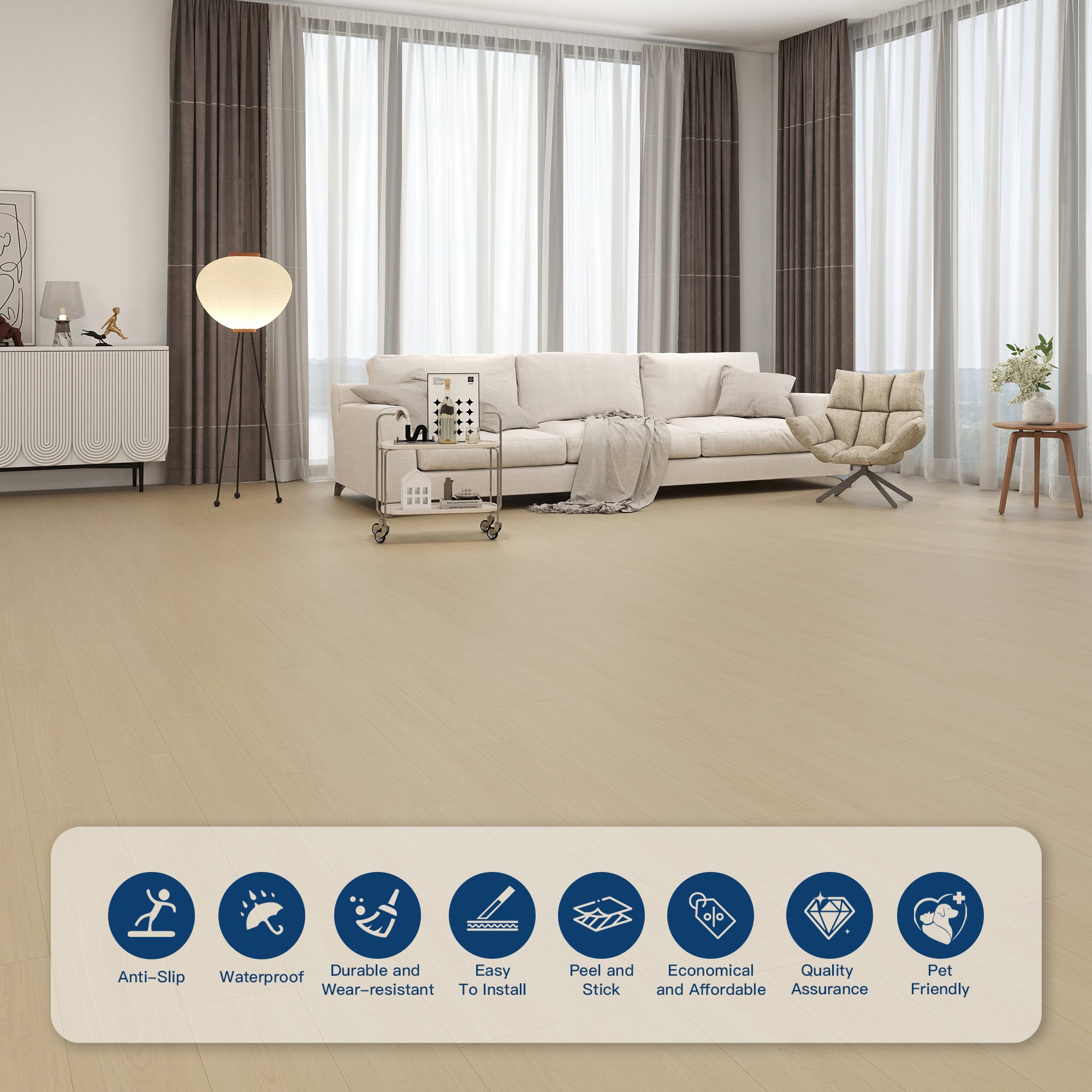 Pale Beige -PEEL N STICK 250 Laminate Floor Planks Waterproof Self Adhesive Wood Look Hard Core Tile 36''x6''