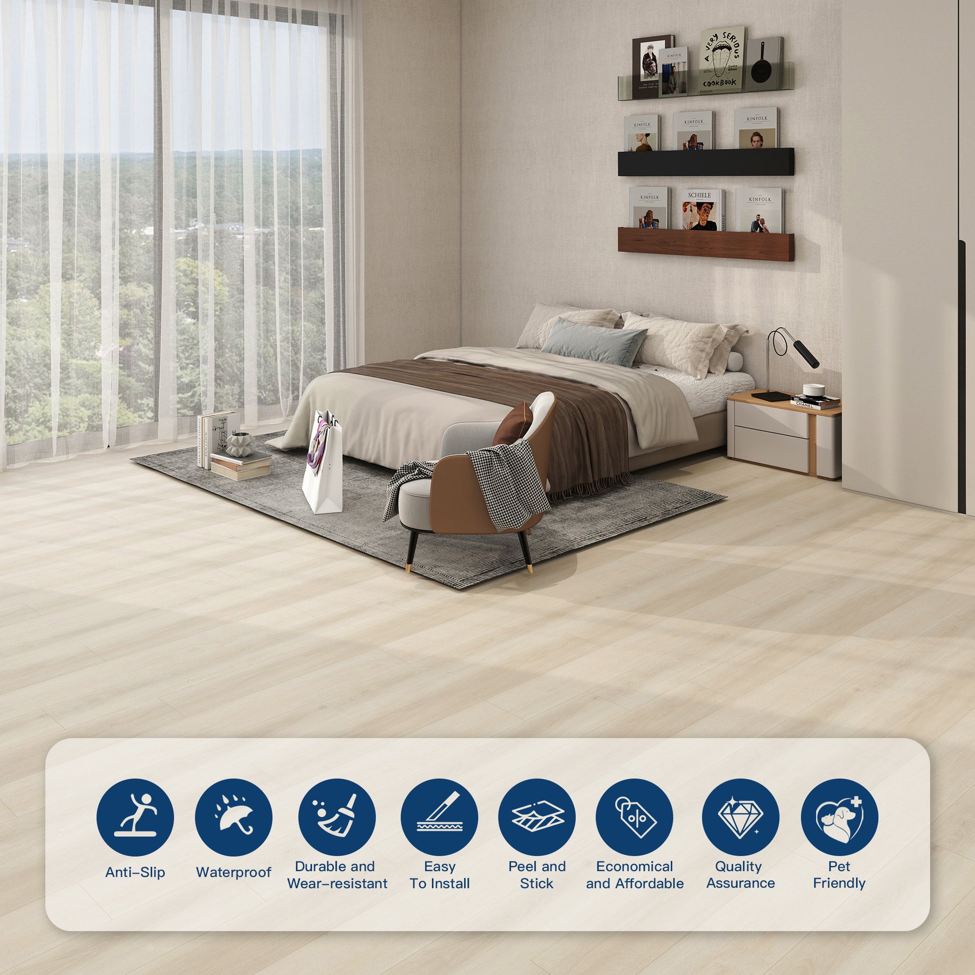 Whitewashed Light -PEEL & STICK 250 Laminate Floor Planks Waterproof Self Adhesive Wood Look Hard Core Tile 36''x6'' - ins...