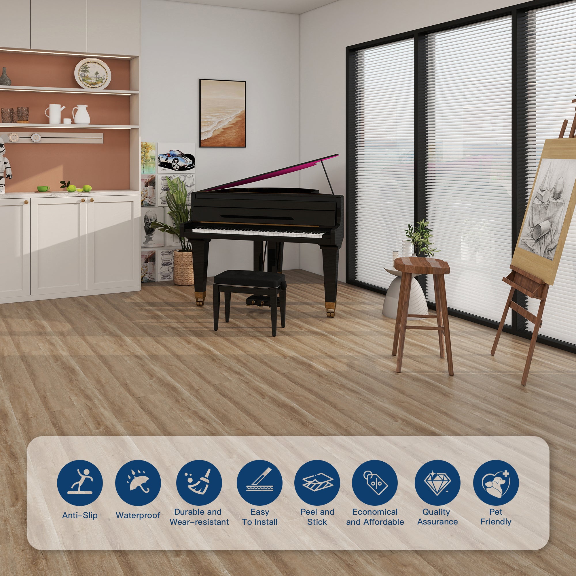 Warm Taupe -PEEL N STICK 250 Laminate Floor Planks Waterproof Self Adhesive Wood Look Hard Core Tile 36''x6''