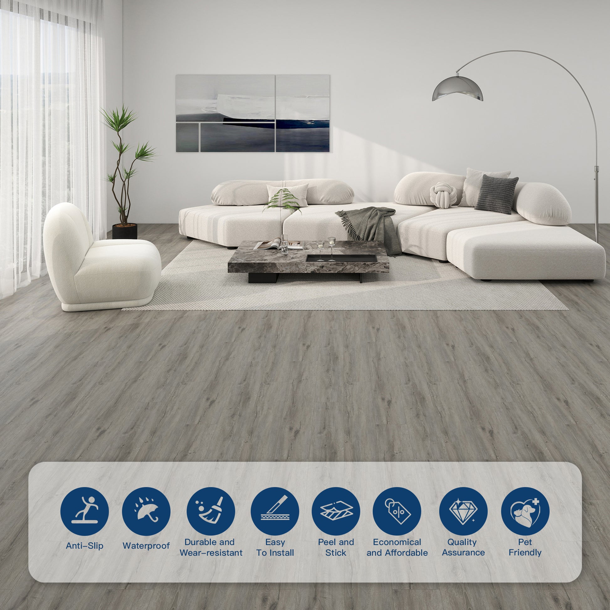 Smoky Gray -PEEL & STICK 250 Laminate Floor Planks Waterproof Self Adhesive Wood Look Hard Core Tile 36''x6'' - installed ...