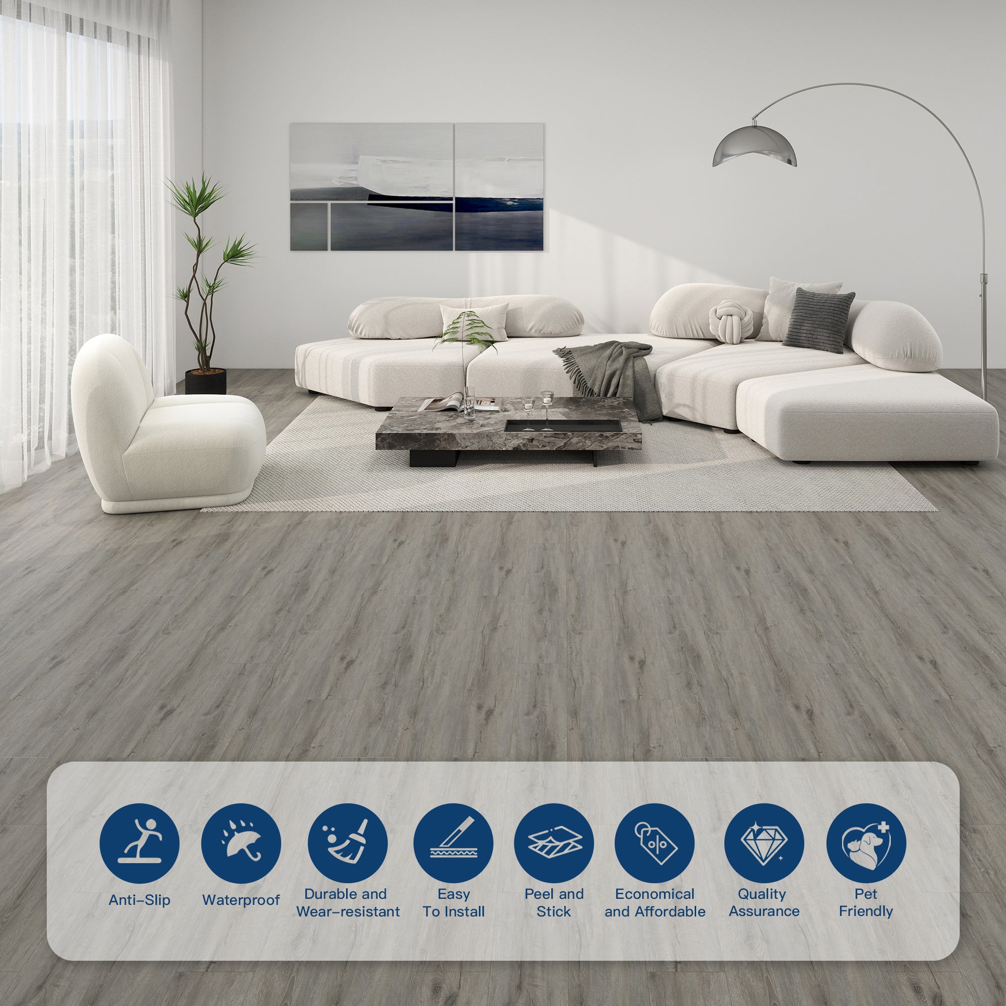 Smoky Gray -PEEL N STICK 250 Laminate Floor Planks Waterproof Self Adhesive Wood Look Hard Core Tile 36''x6''