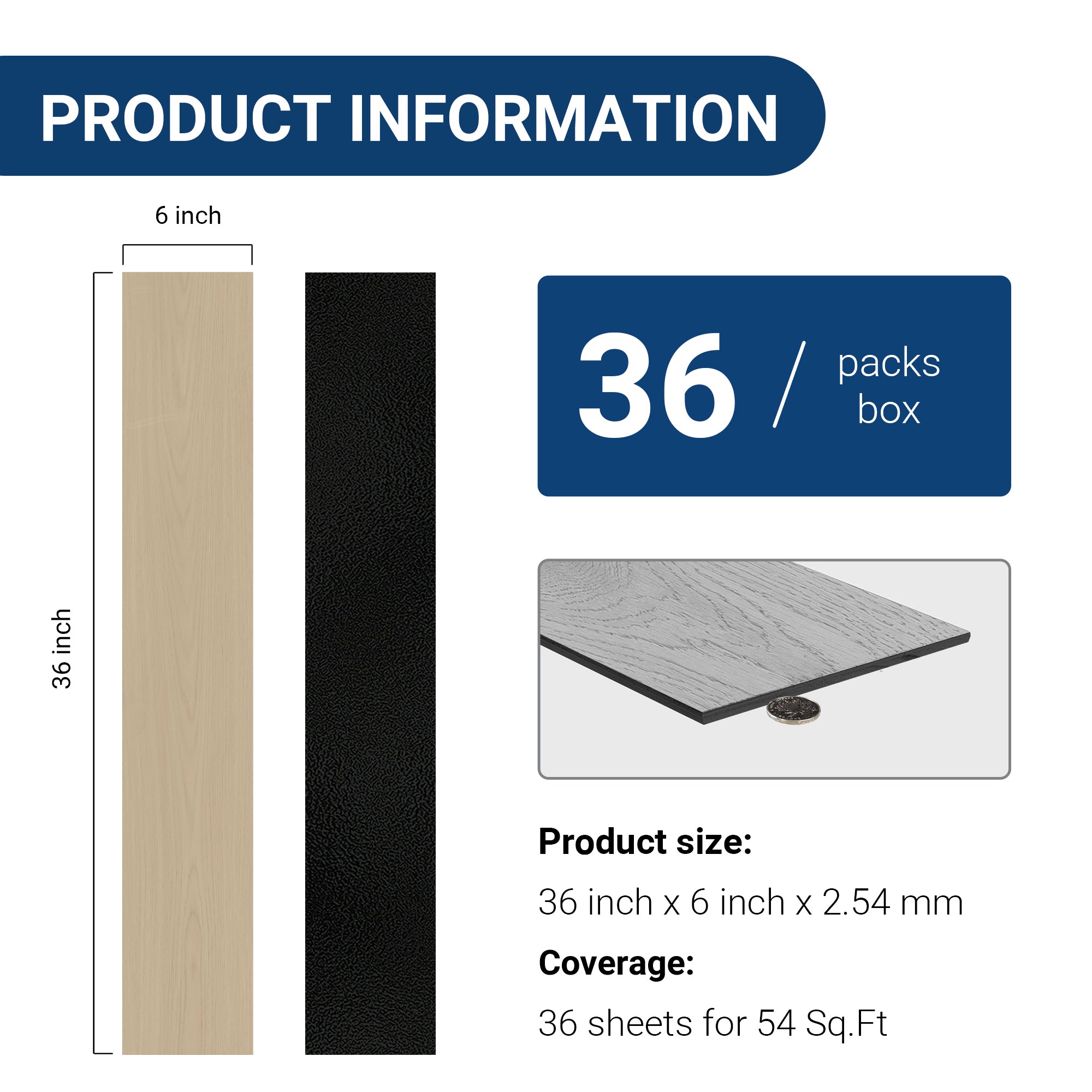 Pale Beige -PEEL & STICK 250 Laminate Floor Planks Waterproof Self Adhesive Wood Look Hard Core Tile 36''x6'' - packaging