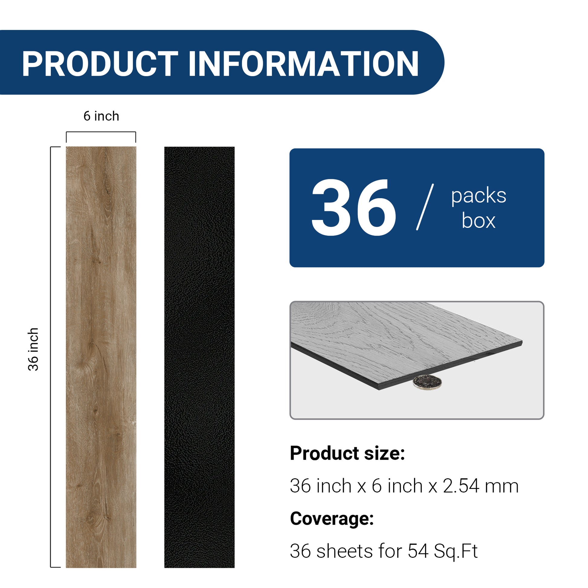 Warm Taupe -PEEL & STICK 250 Laminate Floor Planks Waterproof Self Adhesive Wood Look Hard Core Tile 36''x6'' - packaging