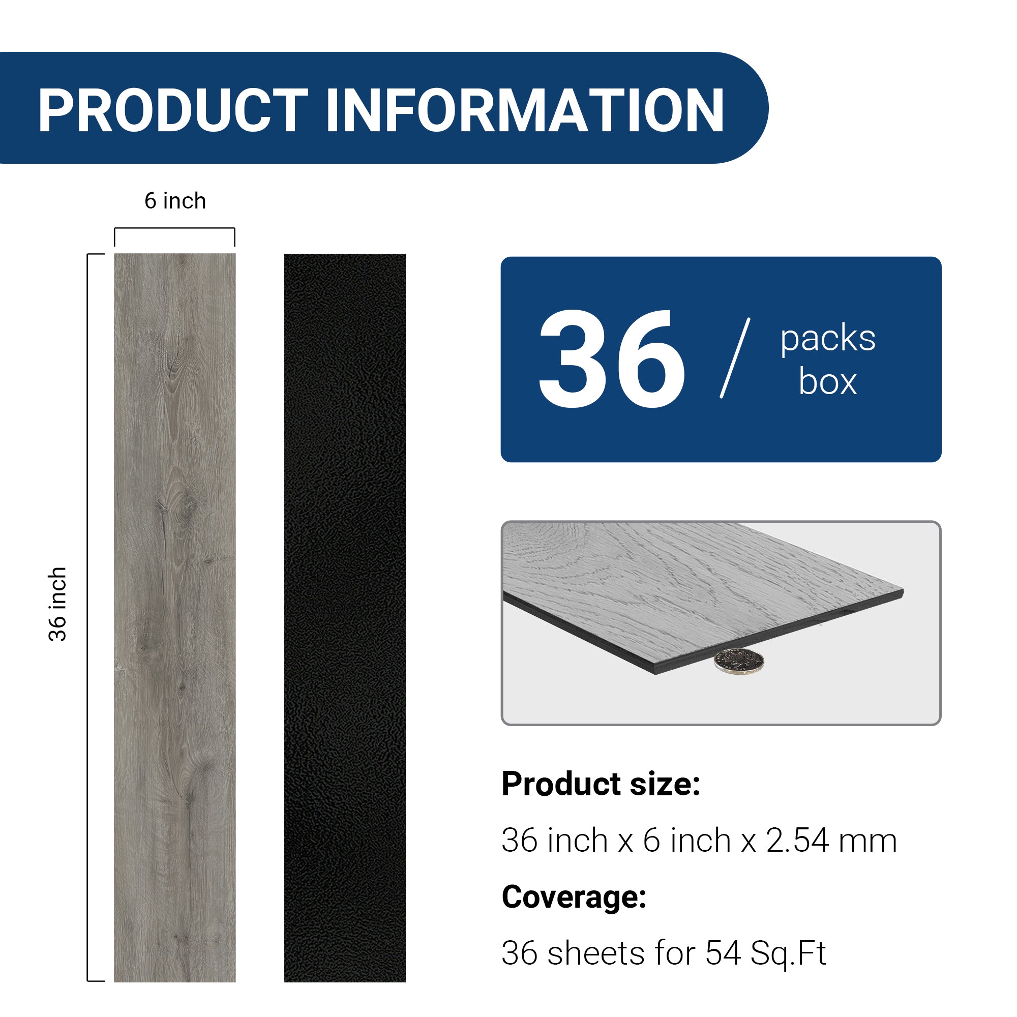 Smoky Gray -PEEL & STICK 250 Laminate Floor Planks Waterproof Self Adhesive Wood Look Hard Core Tile 36''x6'' - packaging