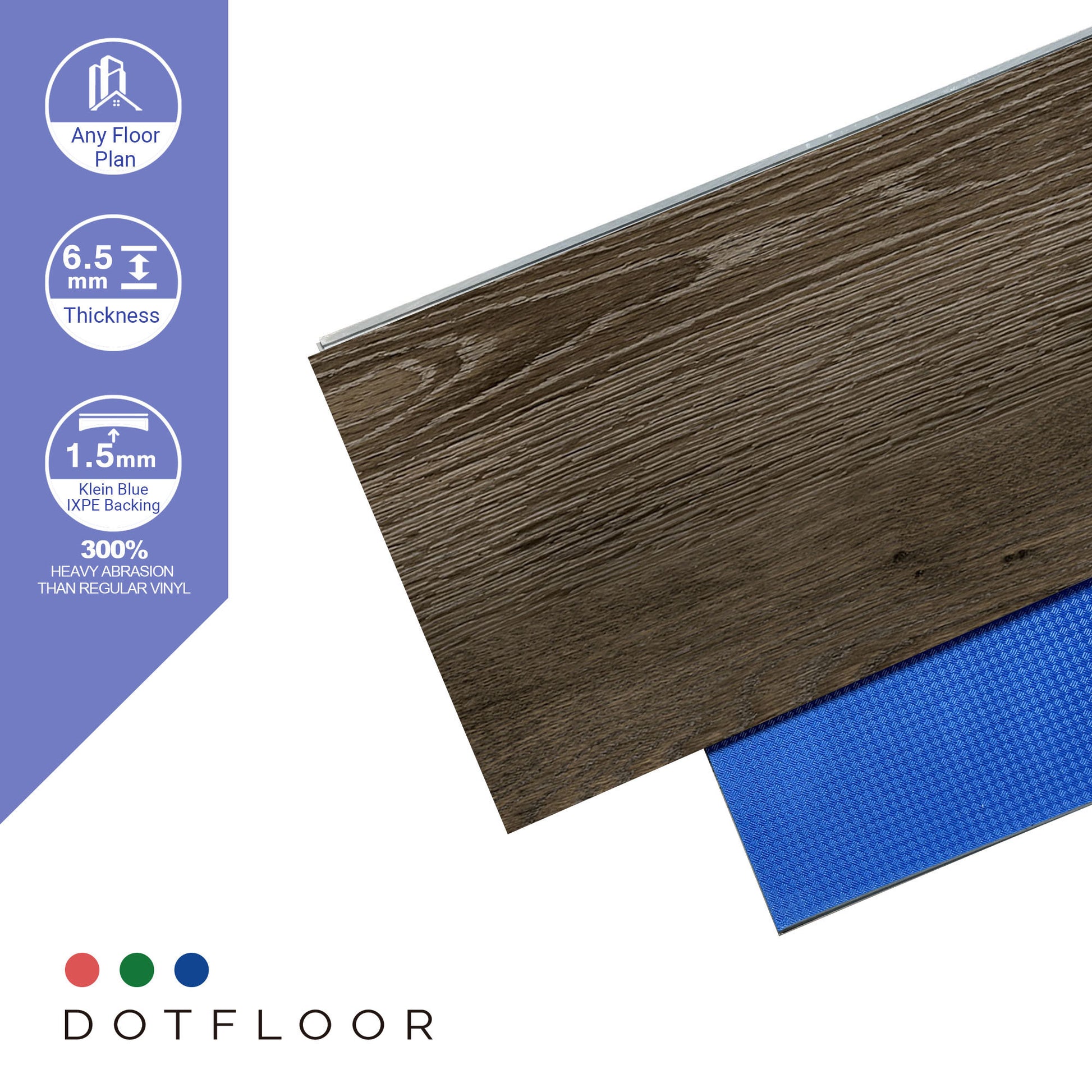 NEW PARLIAMENT 610 Dark Knot 9” x 60” x 6.5 mm, 22 mil, Klein Blue IXPE 1.5 mm - color swatch