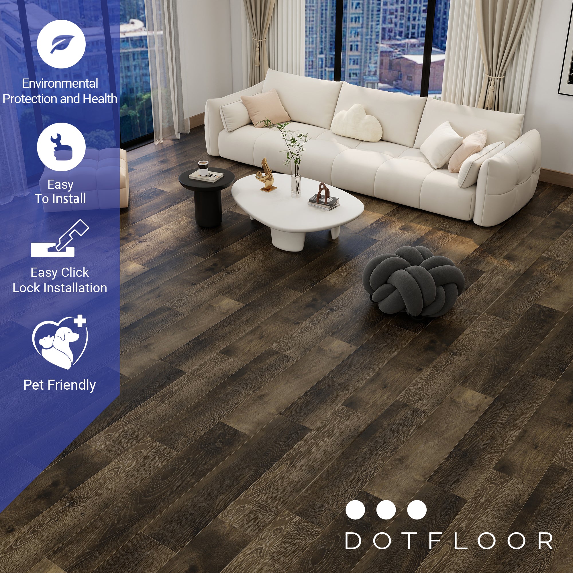 NEW PARLIAMENT 610 Dark Knot 9” x 60” x 6.5 mm, 22 mil, Klein Blue IXPE 1.5 mm - installed room view
