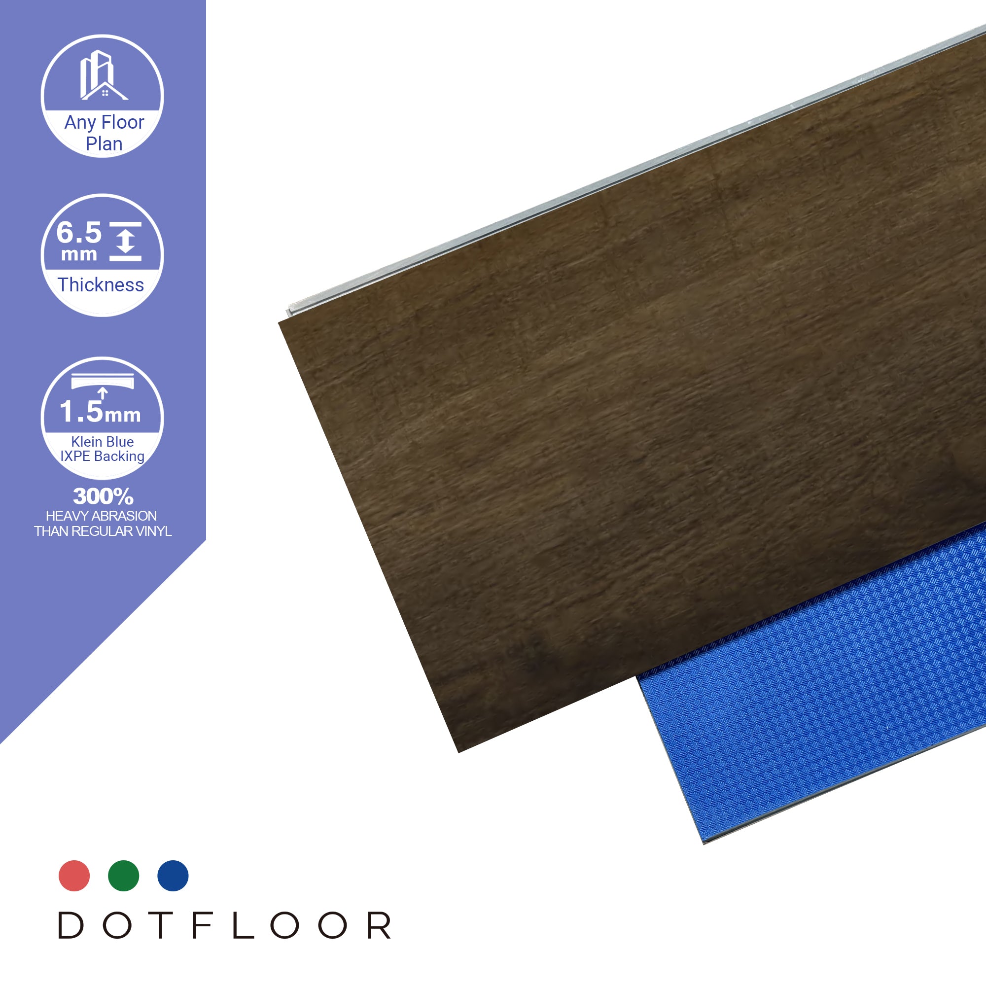NEW PARLIAMENT 610 Cocoa Grain 9” x 60” x 6.5 mm, 22 mil, Klein Blue IXPE 1.5 mm - color swatch