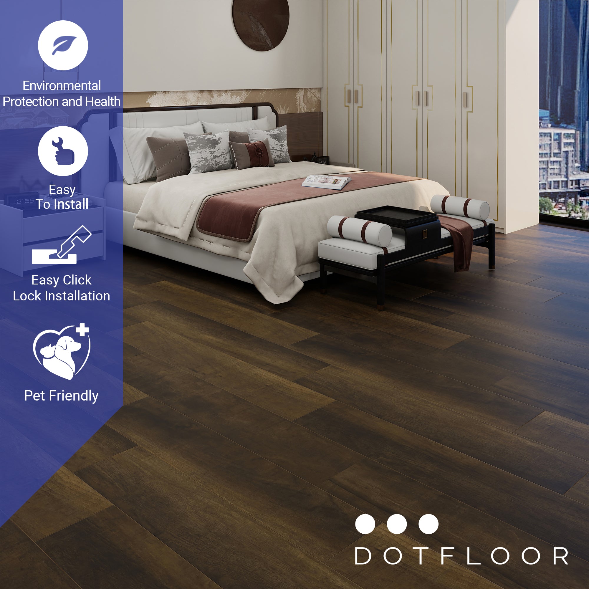 NEW PARLIAMENT 610 Cocoa Grain 9” x 60” x 6.5 mm, 22 mil, Klein Blue IXPE 1.5 mm - installed room view