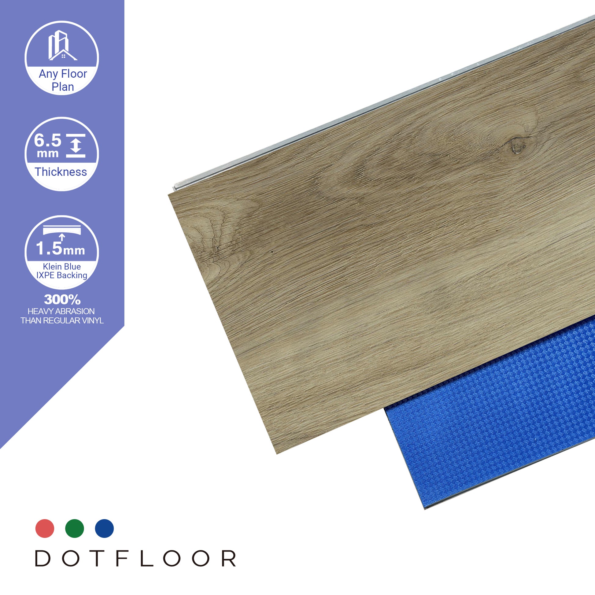 NEW PARLIAMENT 610 Linen Oak 9” x 60” x 6.5 mm, 22 mil, Klein Blue IXPE 1.5 mm - color swatch