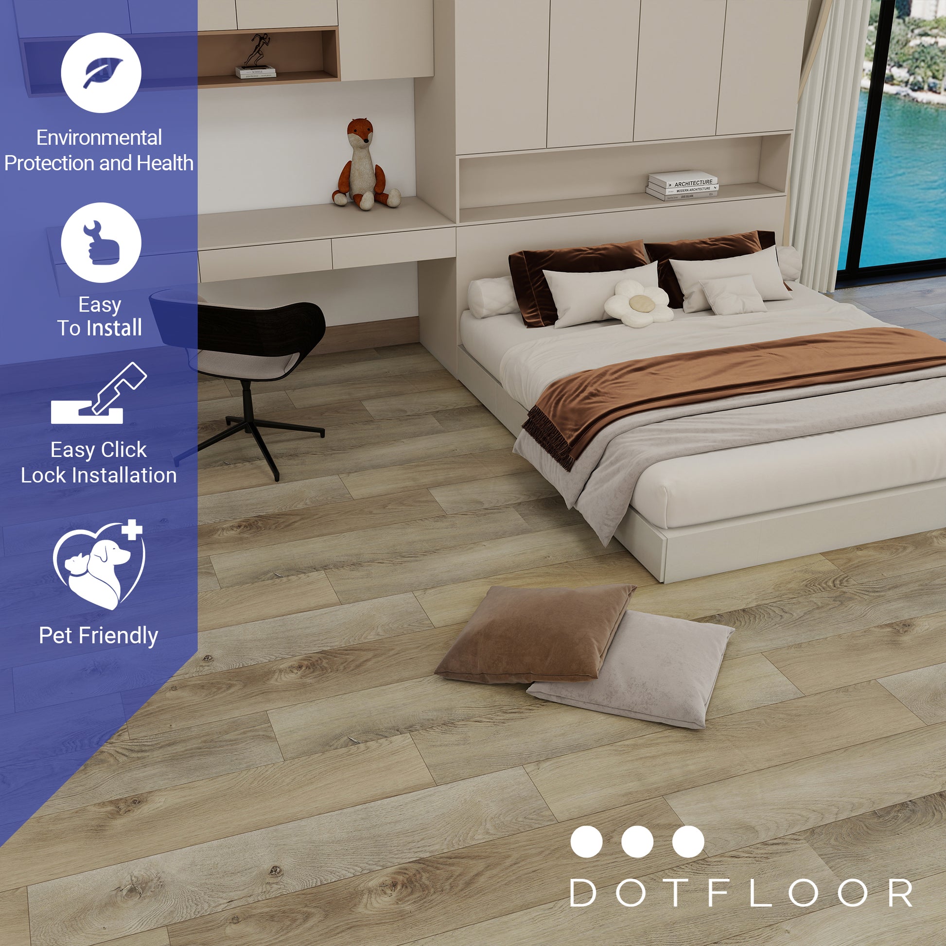 NEW PARLIAMENT 610 Linen Oak 9” x 60” x 6.5 mm, 22 mil, Klein Blue IXPE 1.5 mm - installed room view