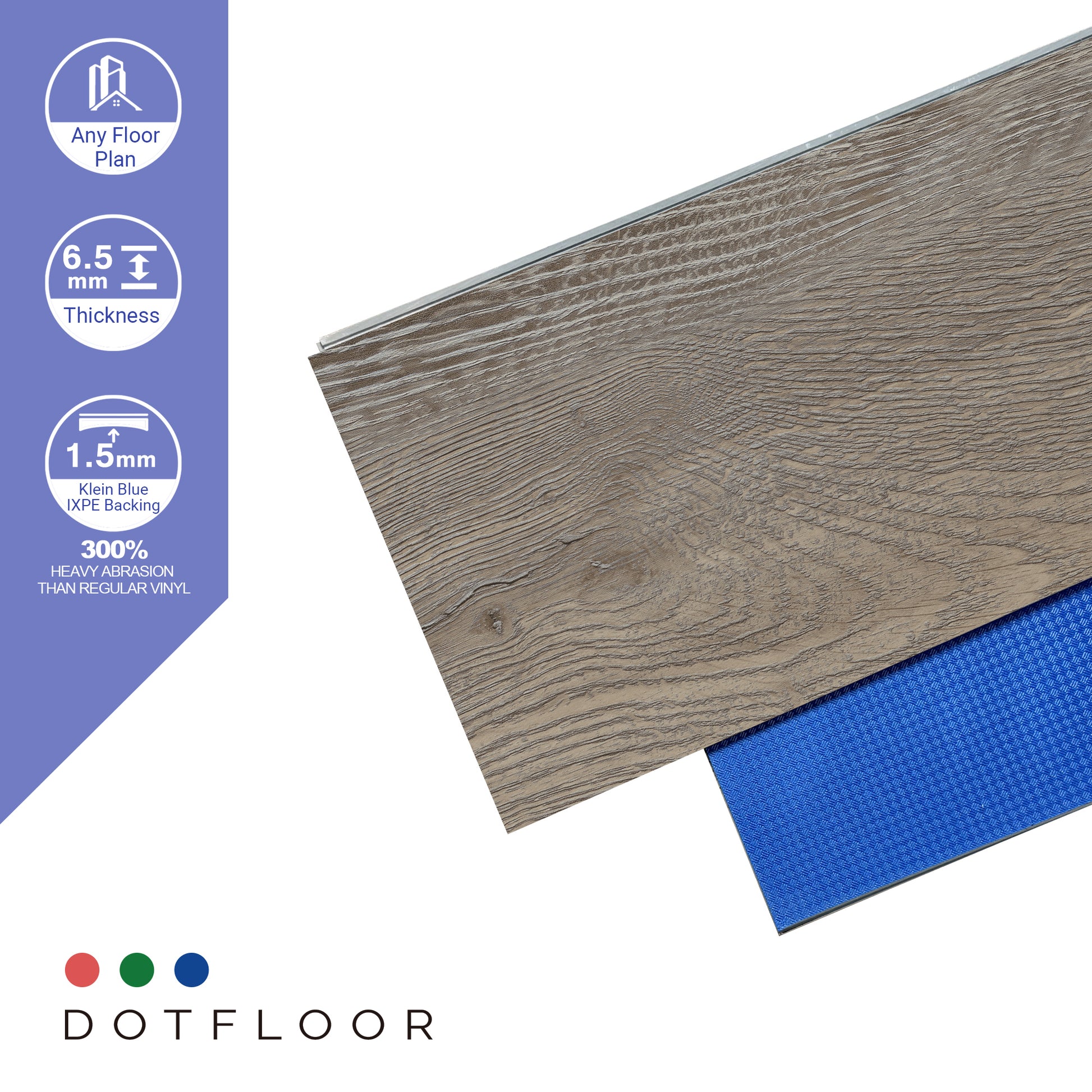 NEW PARLIAMENT 610 Ashy Grain 9” x 60” x 6.5 mm, 22 mil, Klein Blue IXPE 1.5 mm - color swatch