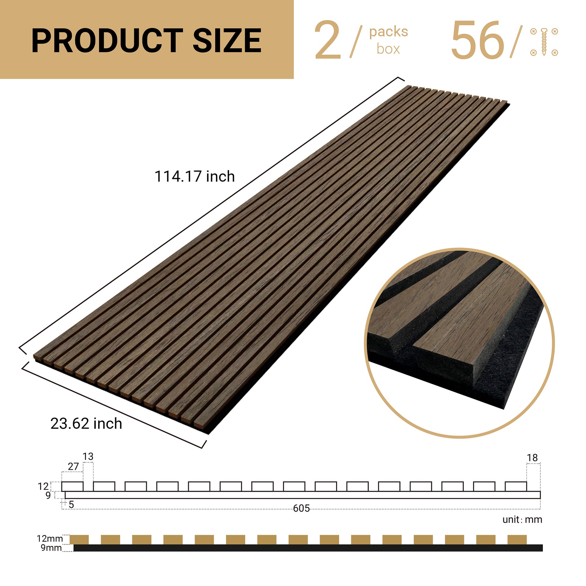 BLACK WALNUT -Wood Acoustic Wall Panels 114.17‘’×23.62‘’ - side view