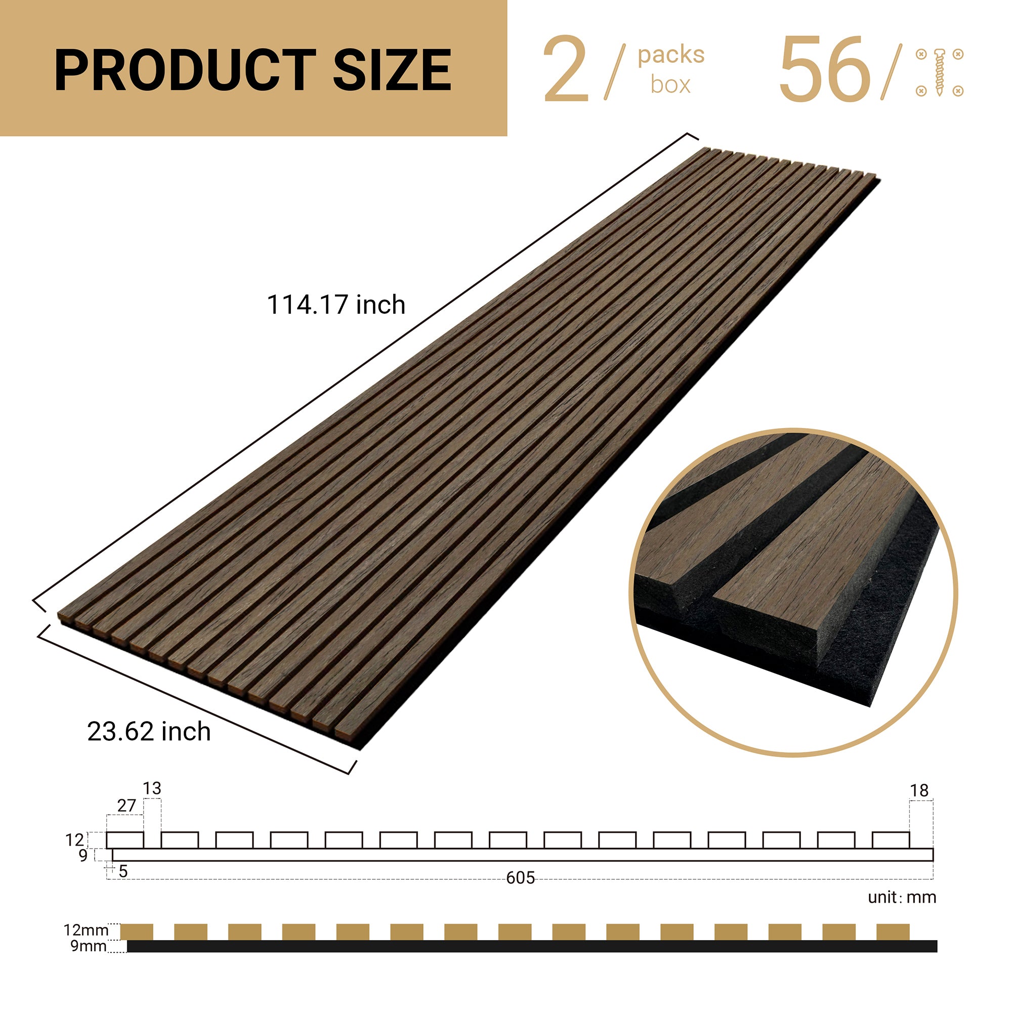 BLACK WALNUT -Wood Acoustic Wall Panels 114.17‘’×23.62‘’ - side view