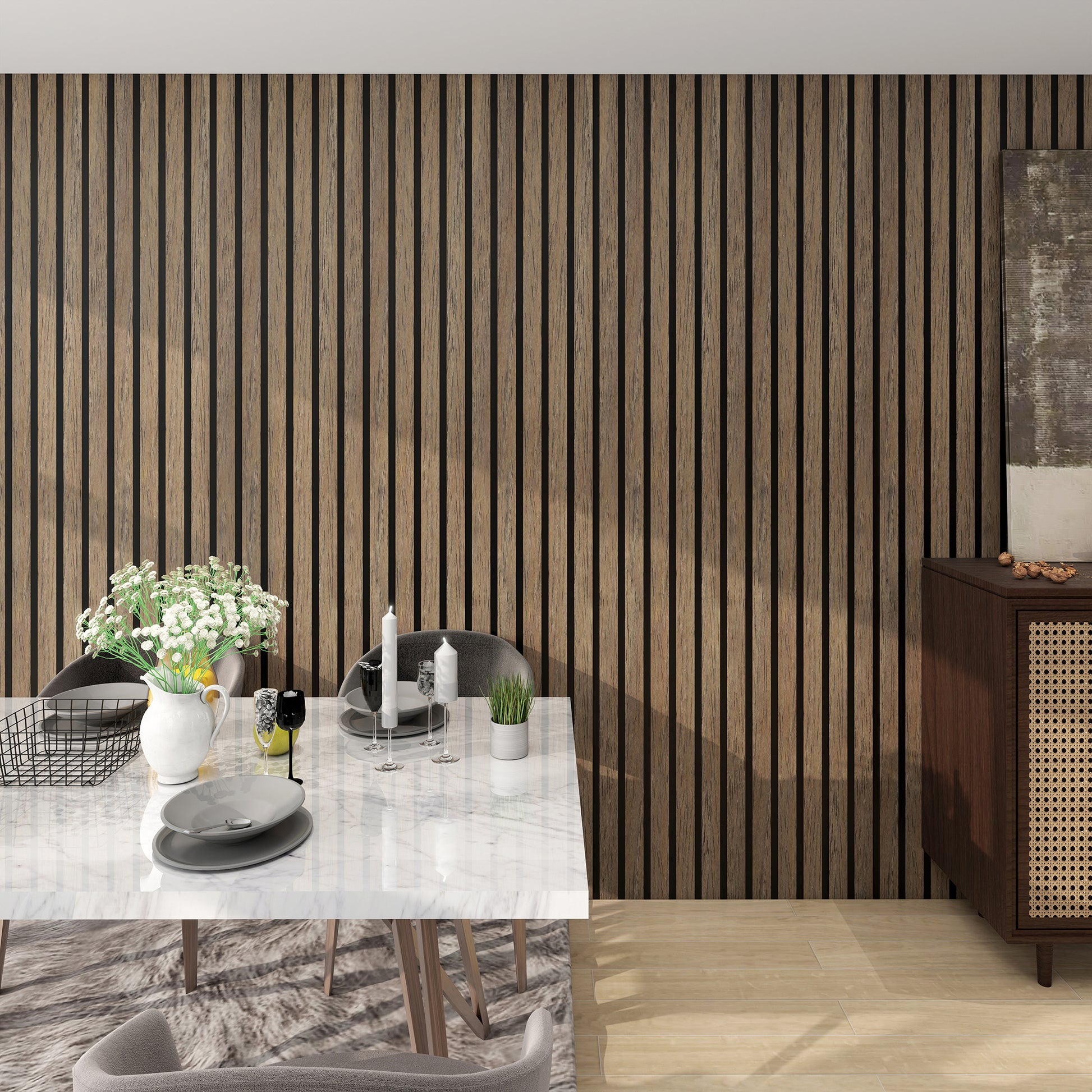 BLACK WALNUT -Wood Acoustic Wall Panels 114.17‘’×23.62‘’ - comparison view