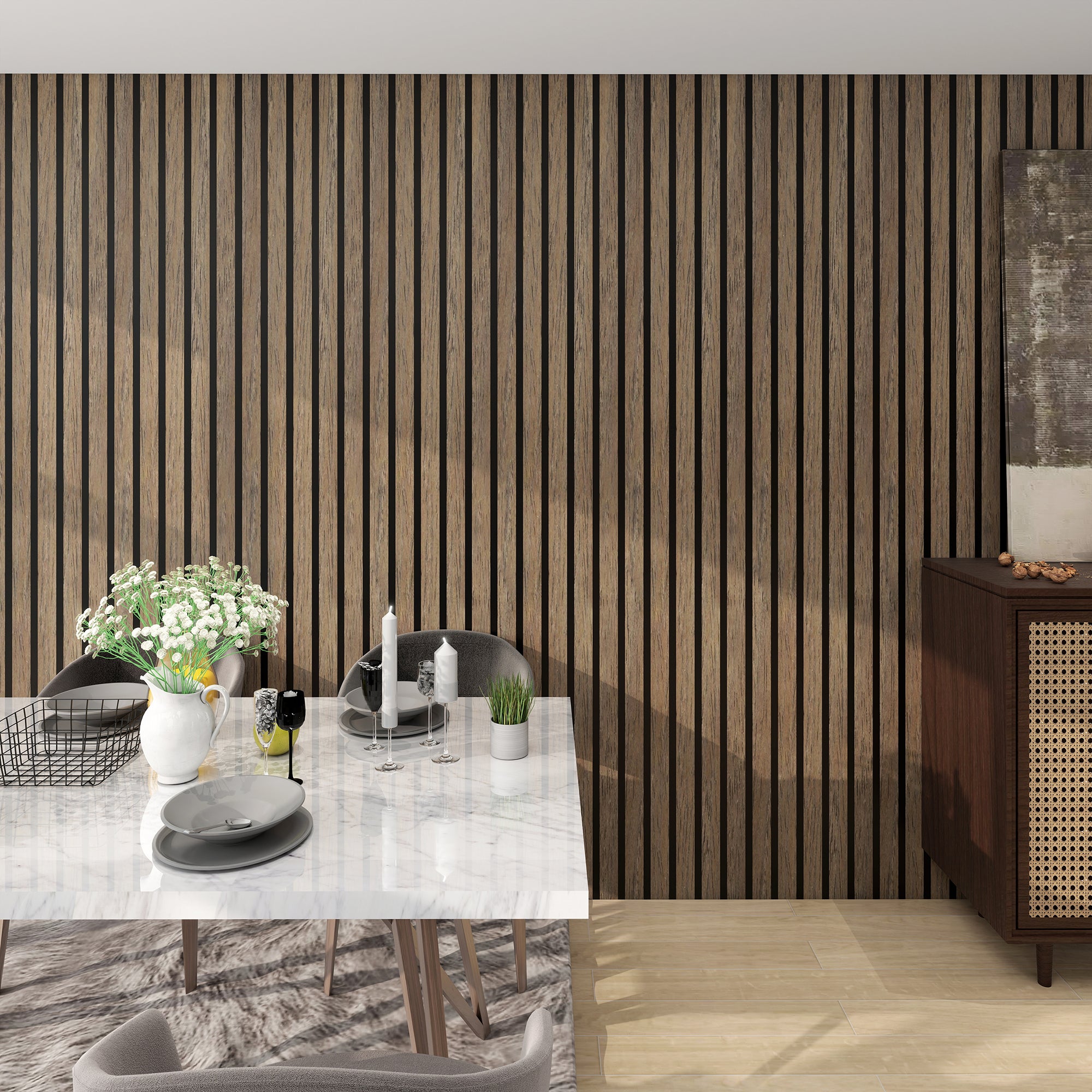 BLACK WALNUT -Wood Acoustic Wall Panels 114.17‘’×23.62‘’ - comparison view