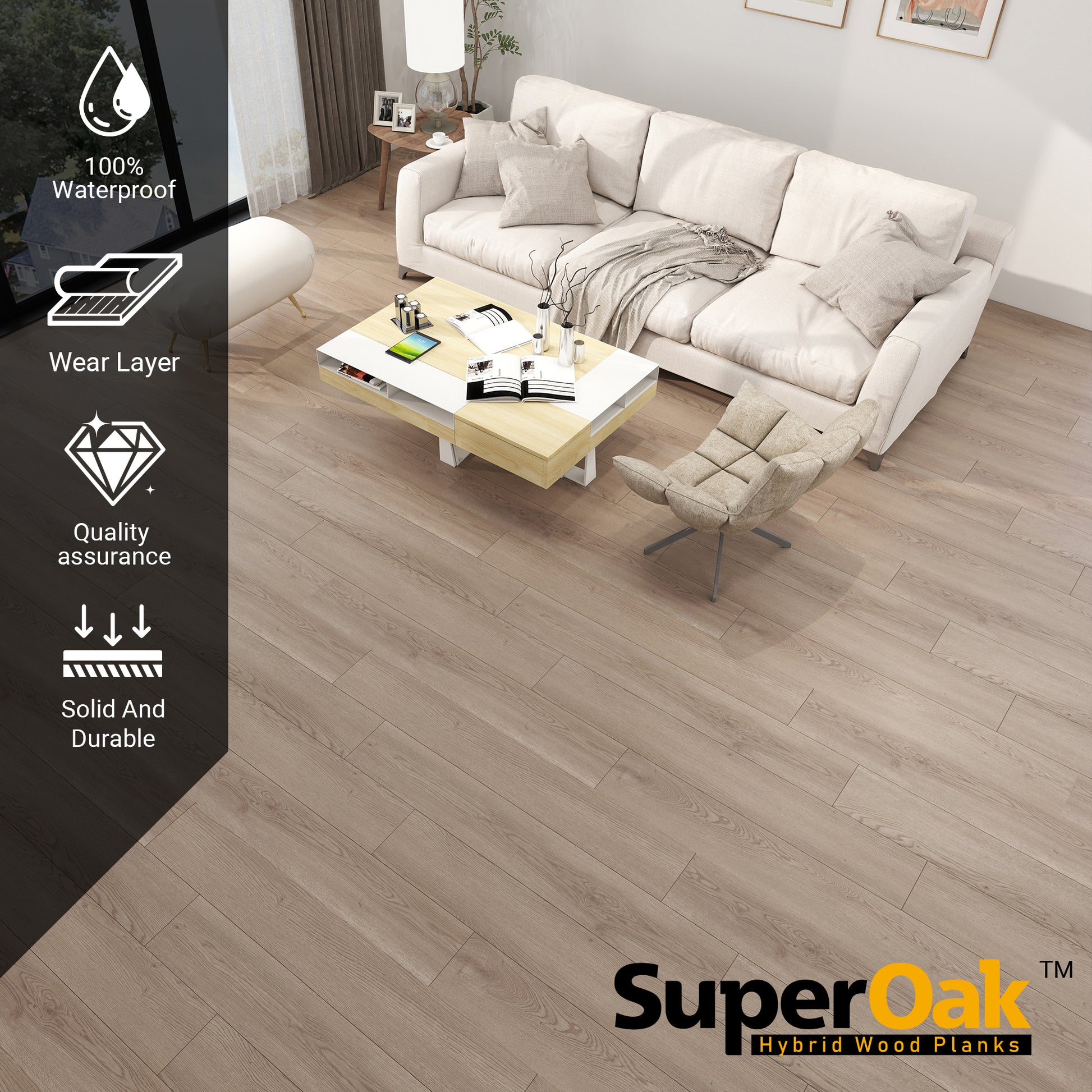 Clean Brushed - SuperOak 12mm Hybrid Wood Plank 47.78"*7.7" - texture detail