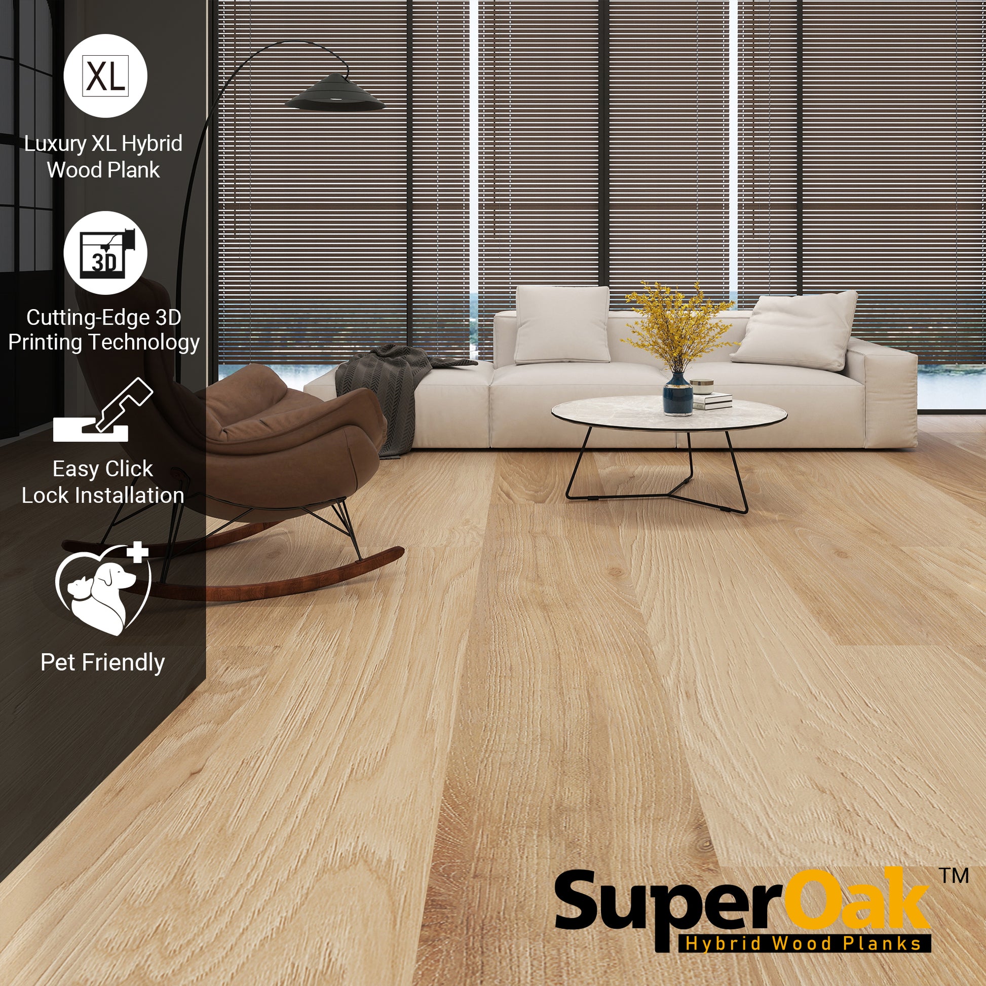 Golden Hickory - SuperOak Plus 12mm Hybrid Wood Plank 72.7"*9.8" - installed room view
