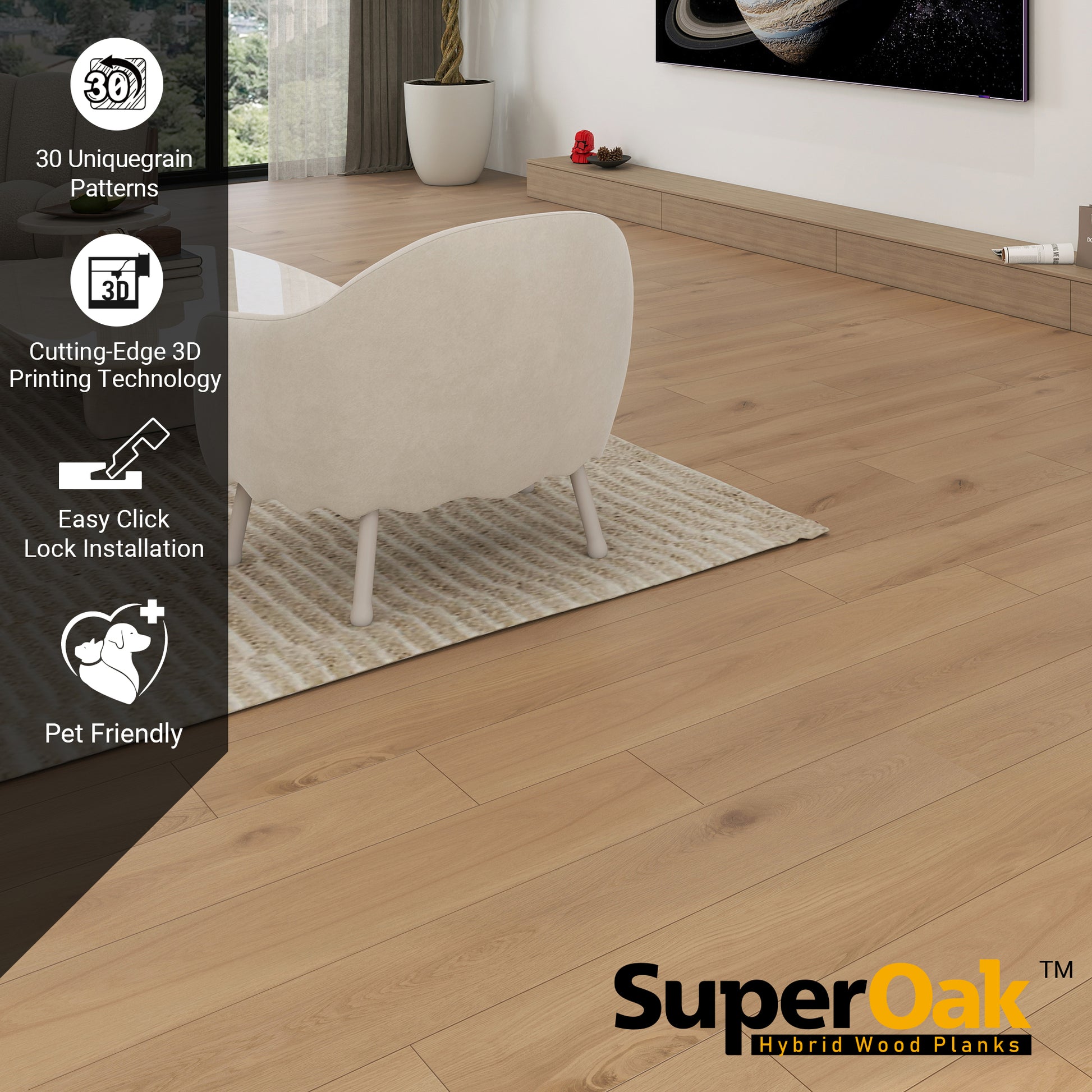 Latte - SuperOak Lite 9.5mm Hybrid Wood Plank 47.78"*7.7" - installed room view