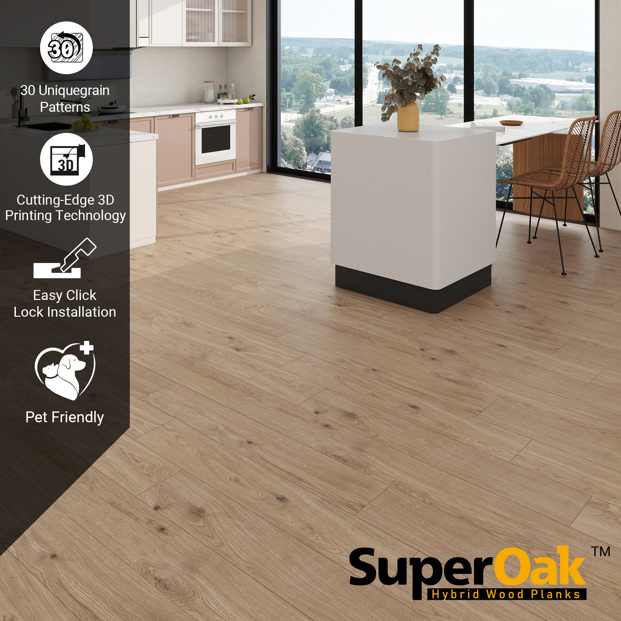 Noon Hickory - SuperOak 12mm Hybrid Wood Plank 47.78"*7.7" - installed room view