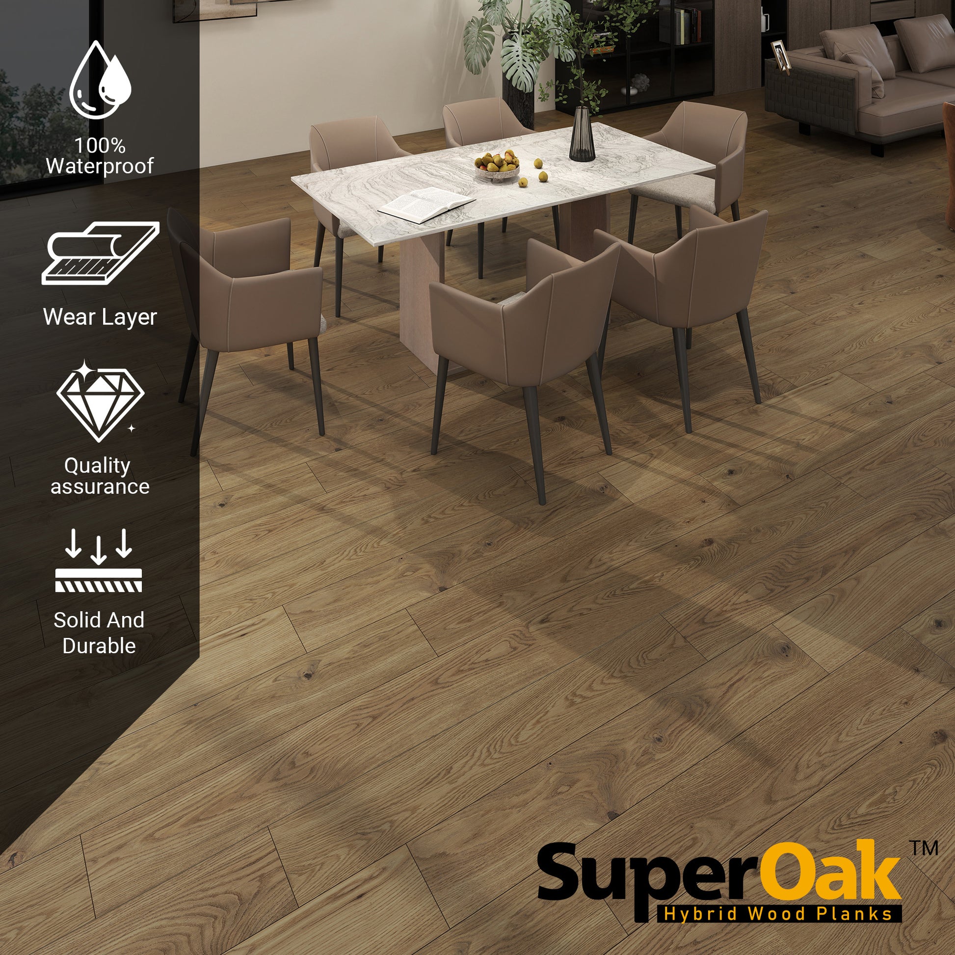Plain Brown - SuperOak 12mm Hybrid Wood Plank 47.78"*7.7" - texture detail