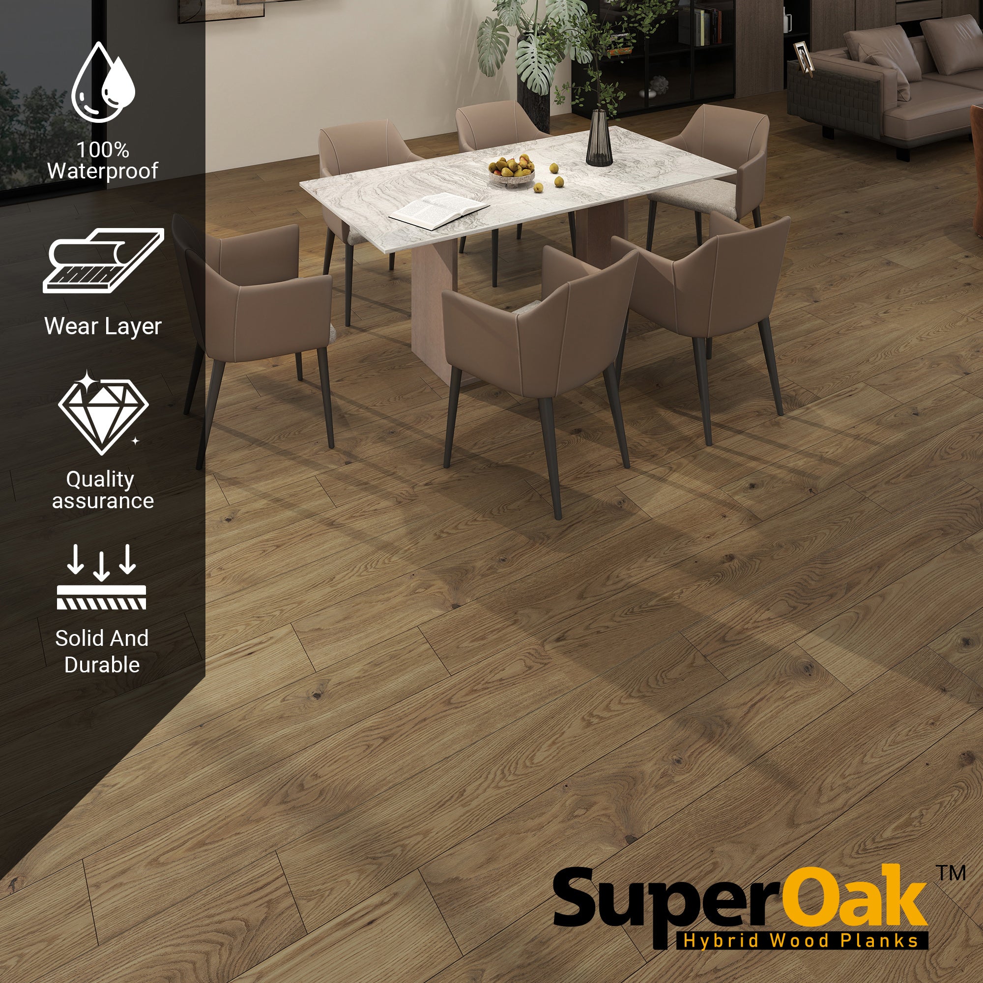 Plain Brown - SuperOak 12mm Hybrid Wood Plank 47.78"*7.7" - texture detail
