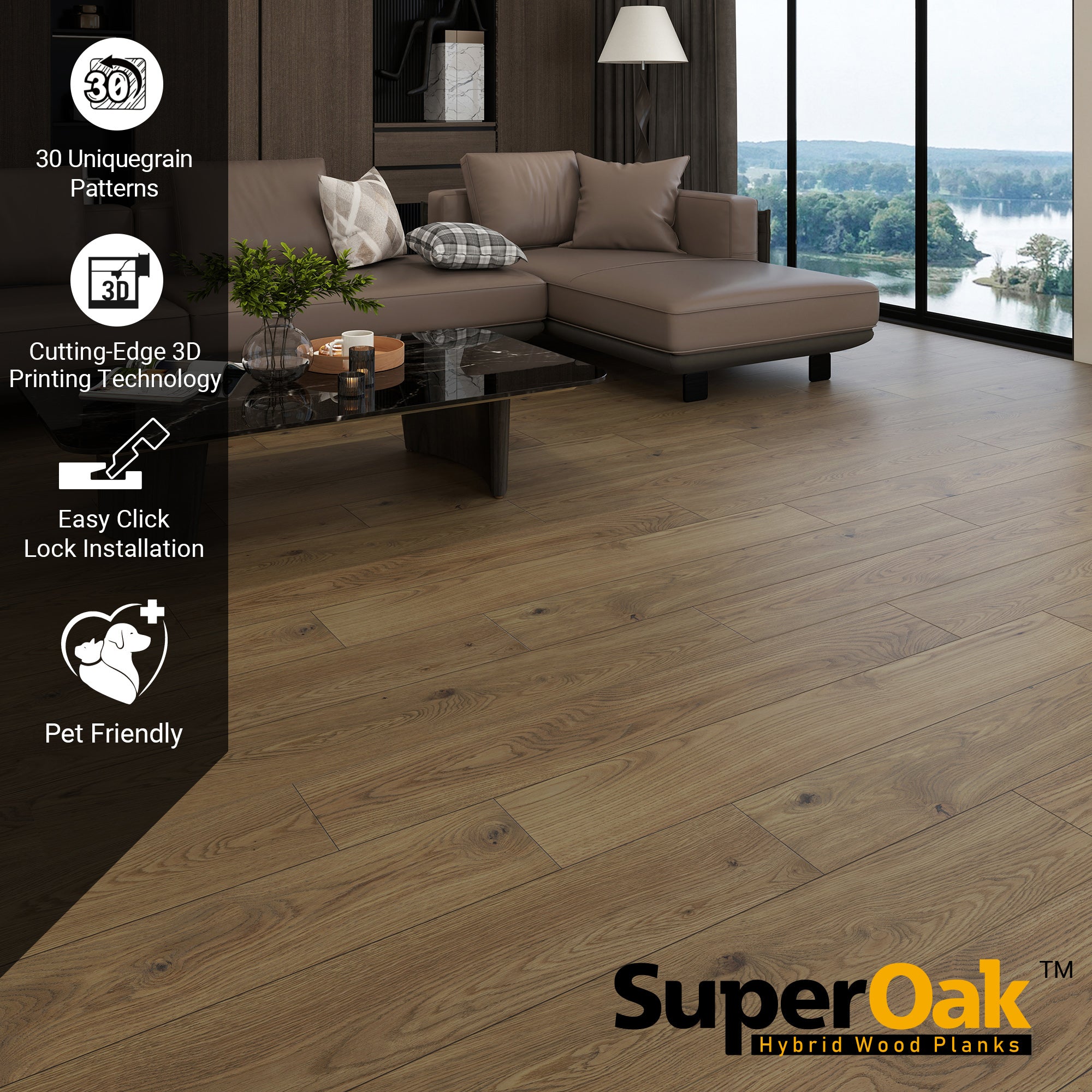 Plain Brown - SuperOak 12mm Hybrid Wood Plank 47.78"*7.7" - installed room view