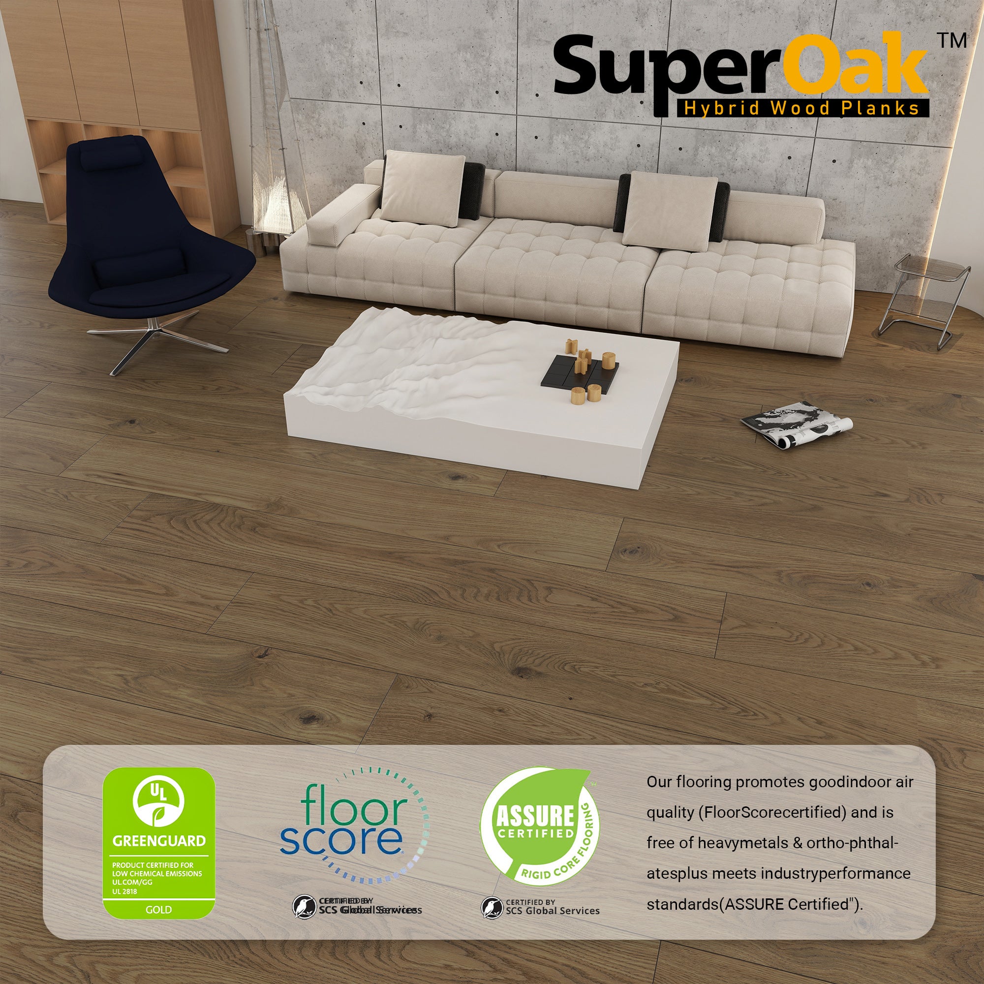 Simple Brown - SuperOak Plus 12mm Hybrid Wood Plank 72.7"*9.8"