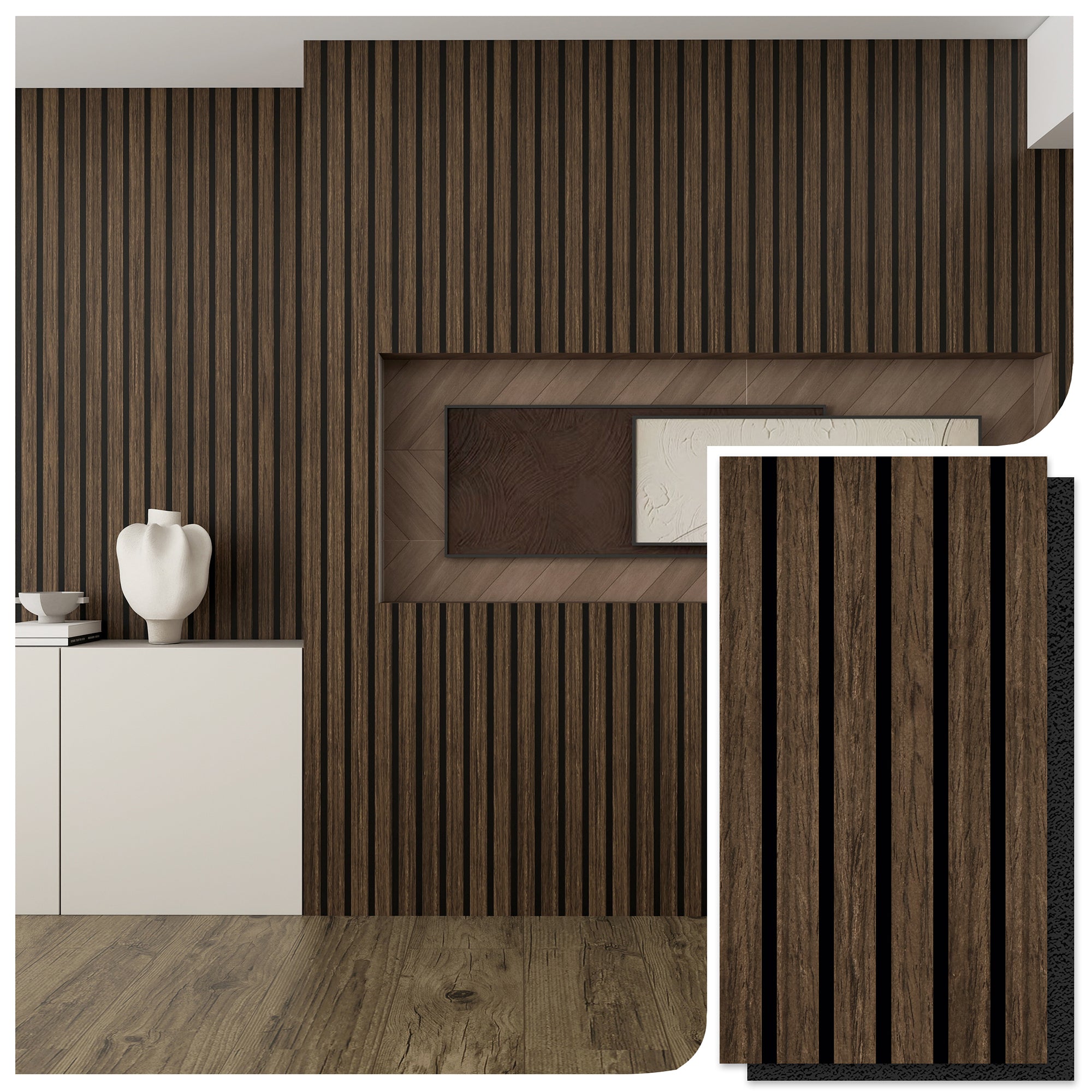 WALNUT STRAIGHT -Wood Acoustic Wall Panels 114.17‘’×23.62‘’ - installed room view