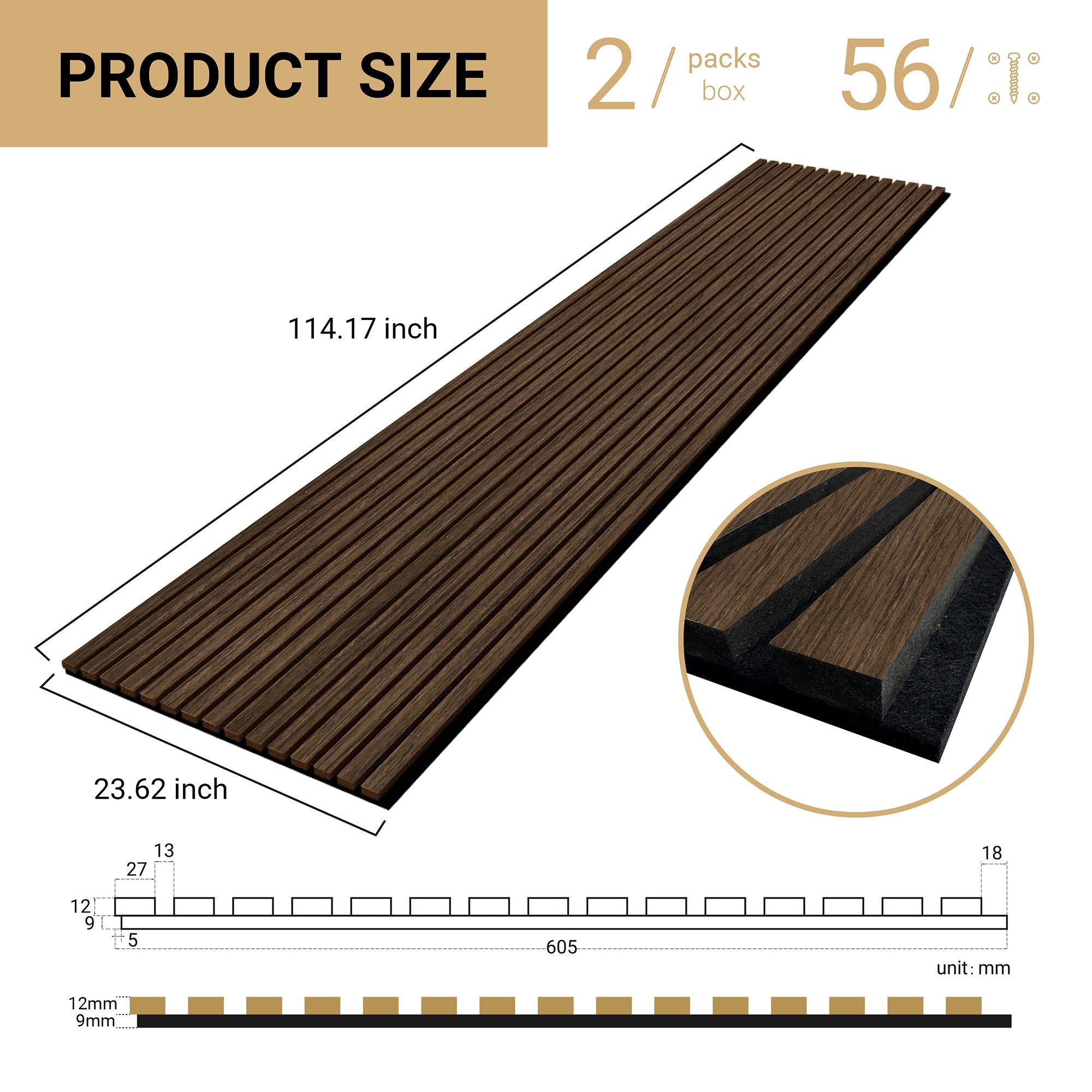 WALNUT STRAIGHT -Wood Acoustic Wall Panels 114.17‘’×23.62‘’ - side view